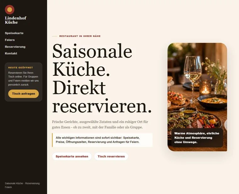 Screenshot einer Restaurant Beispielwebsite