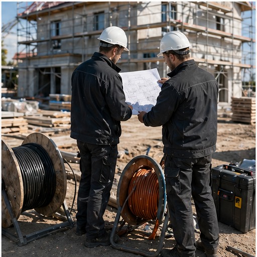 Zwei Elektriker besprechen ein Projekt auf einer Baustelle