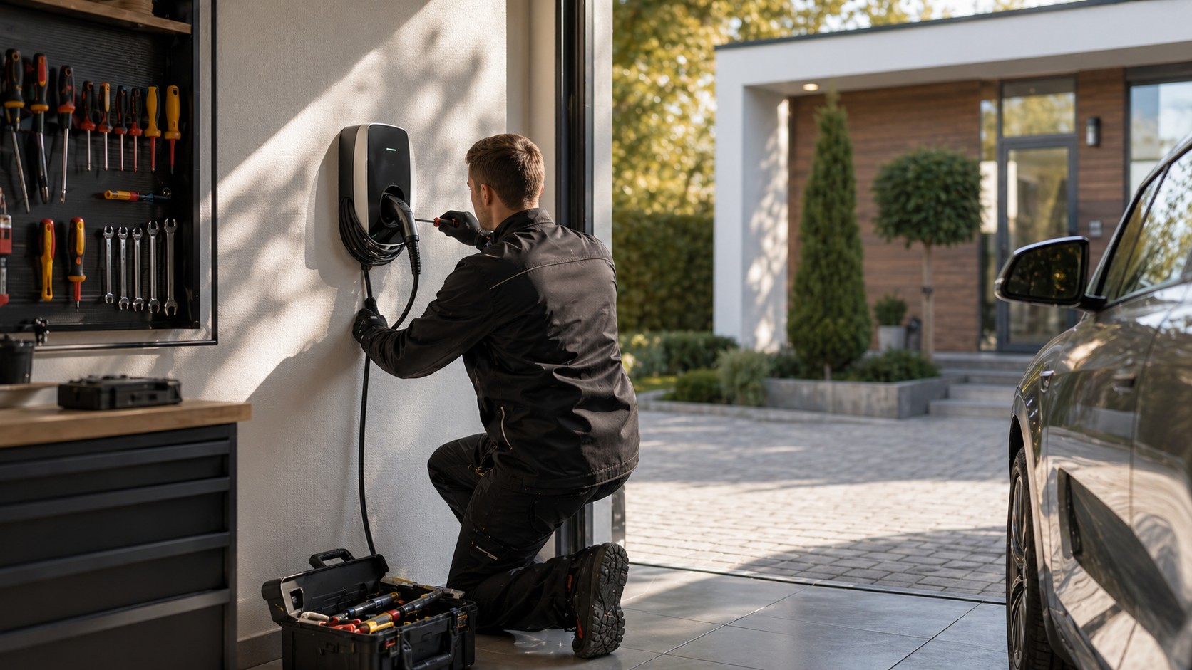 Elektriker montiert eine Wallbox an einem modernen Wohnhaus
