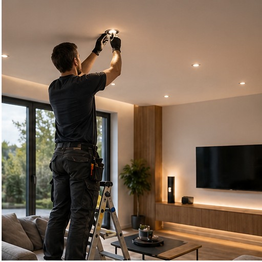 Elektriker installiert moderne LED Beleuchtung im Wohnraum