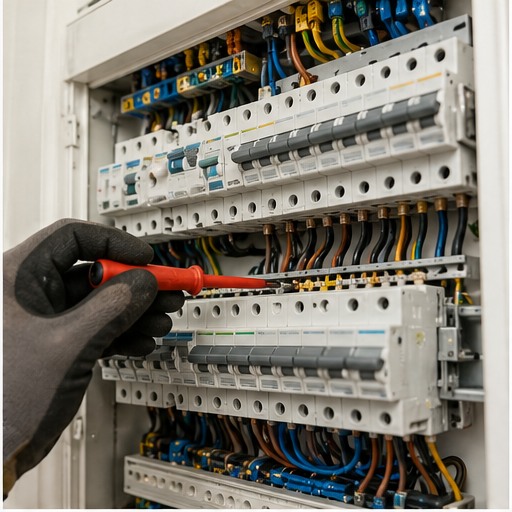 Elektriker arbeitet an einer modernen Unterverteilung