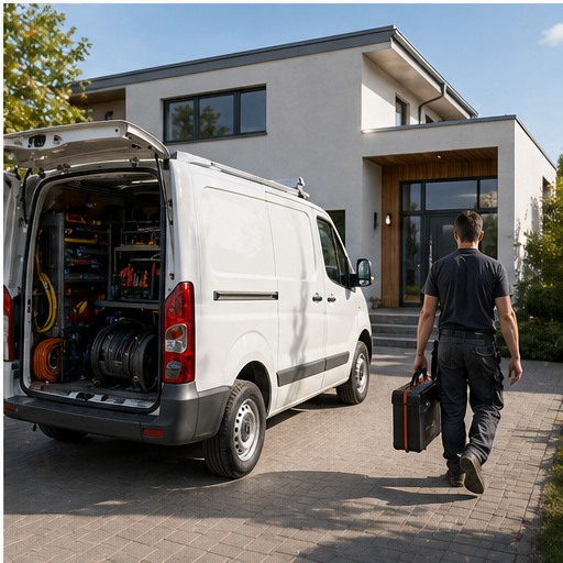 Elektriker Serviceeinsatz vor einem Wohnhaus