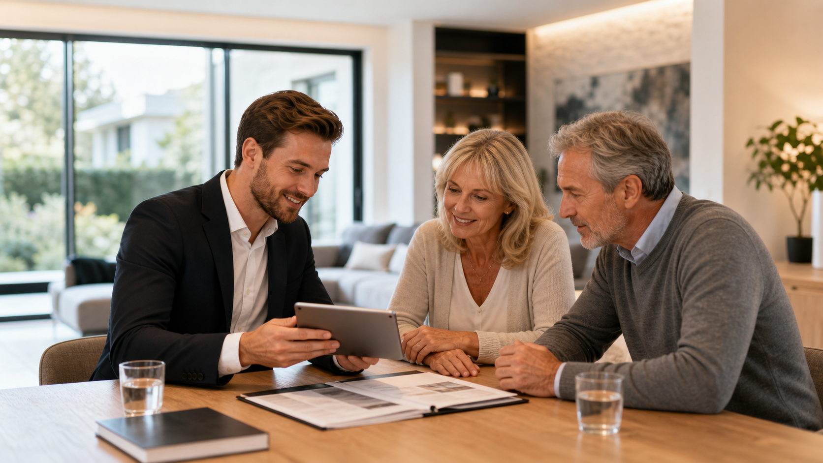 Immobilienmakler berät Eigentümer am Tisch